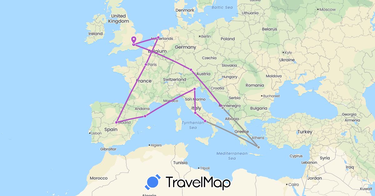 TravelMap itinerary: driving, plane, train in Germany, Spain, France, United Kingdom, Greece, Croatia, Italy, Netherlands (Europe)